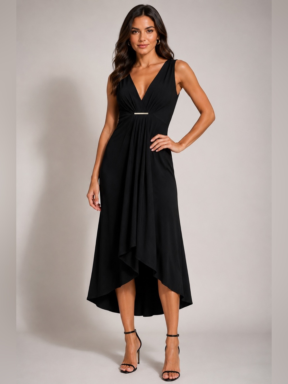 Michael Michael Kors Black Sleeveless Maxi Midi Dress Draped V Neck Size
